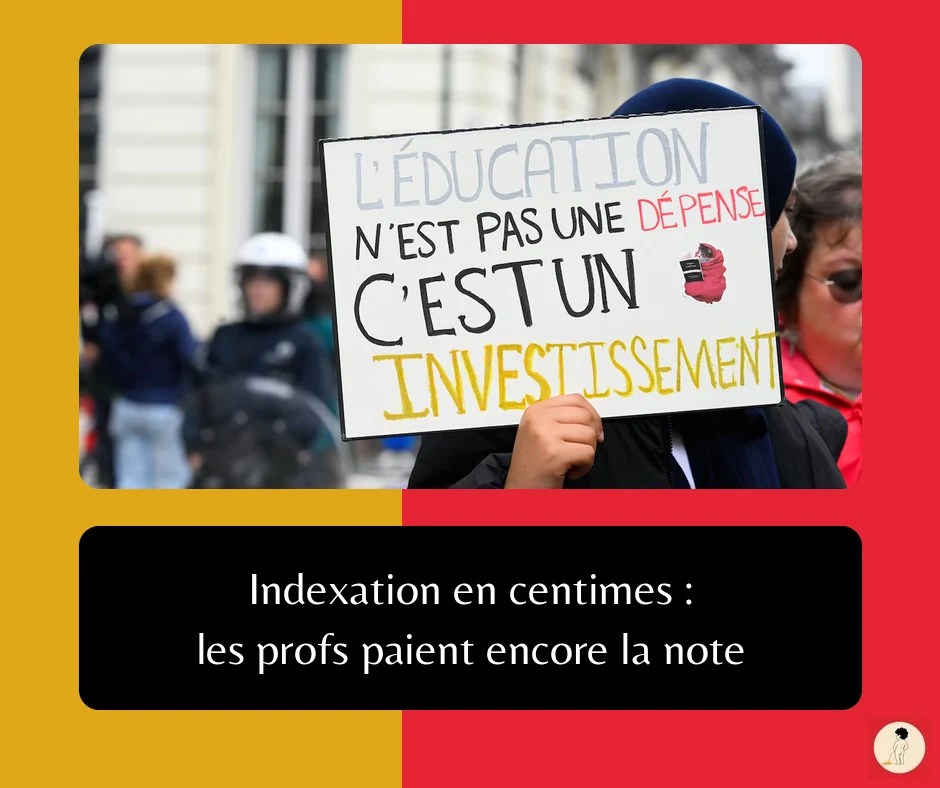 Pancarte de manifestation : L'éducation n'est pas une dépense, c'est un investissement, avec le titre : Indexation en centimes : les profs paient encore la note