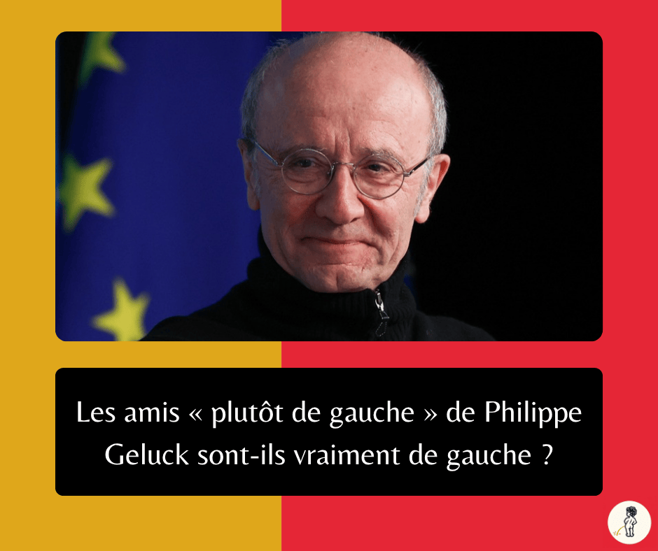 Philippe Geluck souriant devant un drapeau européen, avec le titre : Les amis « plutôt de gauche » de Philippe Geluck sont-ils vraiment de gauche ?