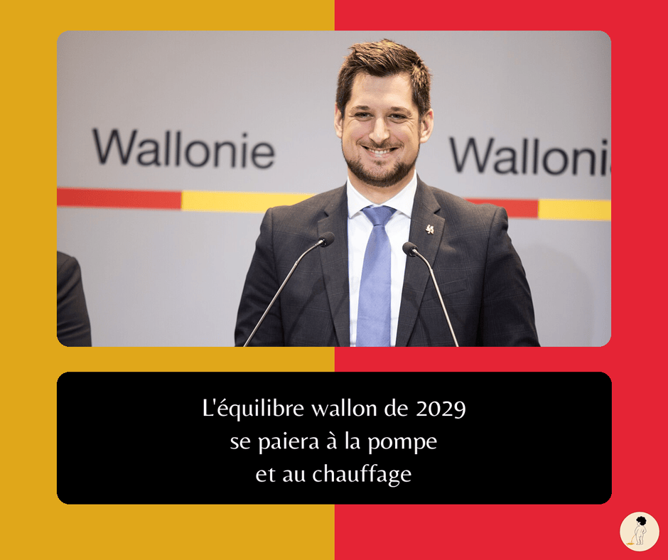 Adrien Dolimont, ministre-président wallon, souriant au pupitre devant le logo Wallonie, avec le titre : L'équilibre wallon de 2029 se paiera à la pompe et au chauffage